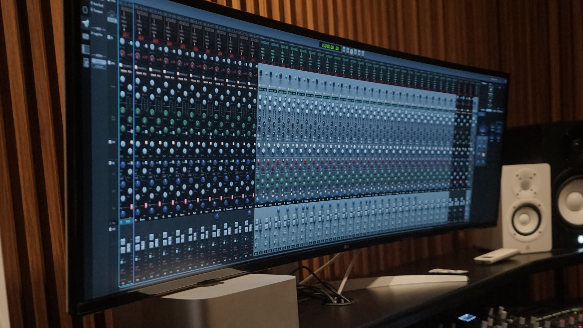 Mixing desk and display at the DIMULTI Music studio where a movie soundtrack is mixed